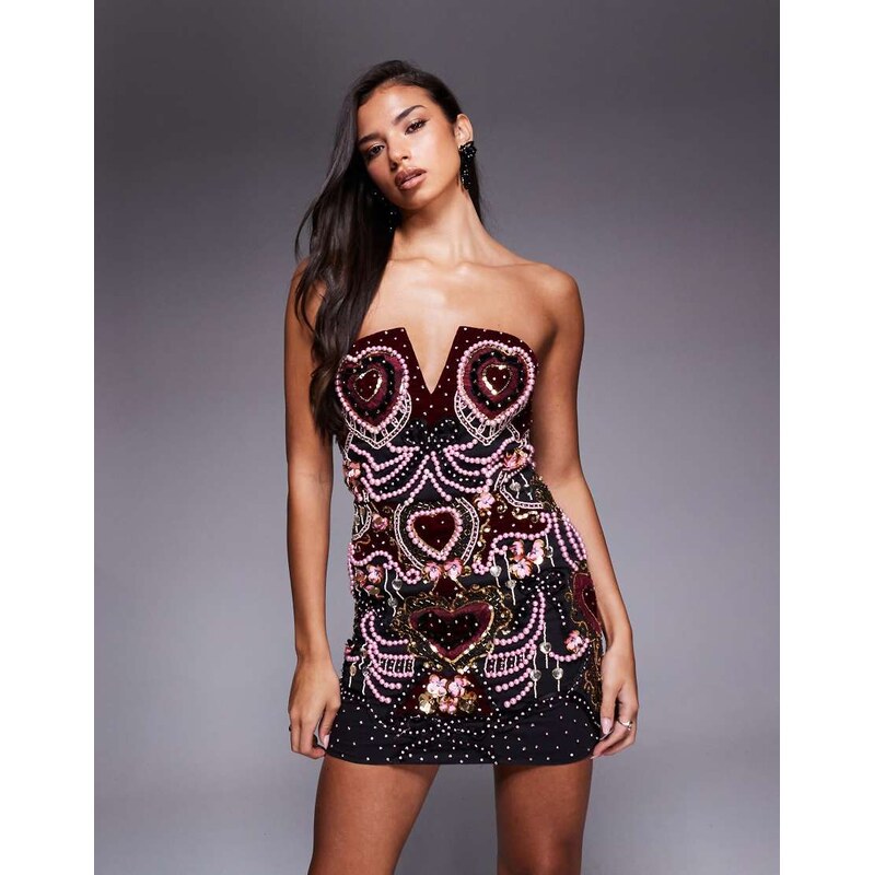 ASOS LUXE velvet heart embellished pearl trim mini dress with
