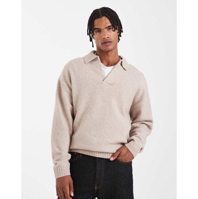 Jack & Jones boucle polo jumper in cream-White