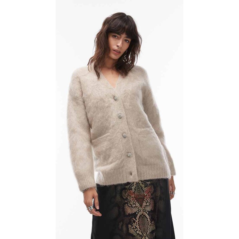 Allsaints rubi fluffy v neck cardigan in cream-White