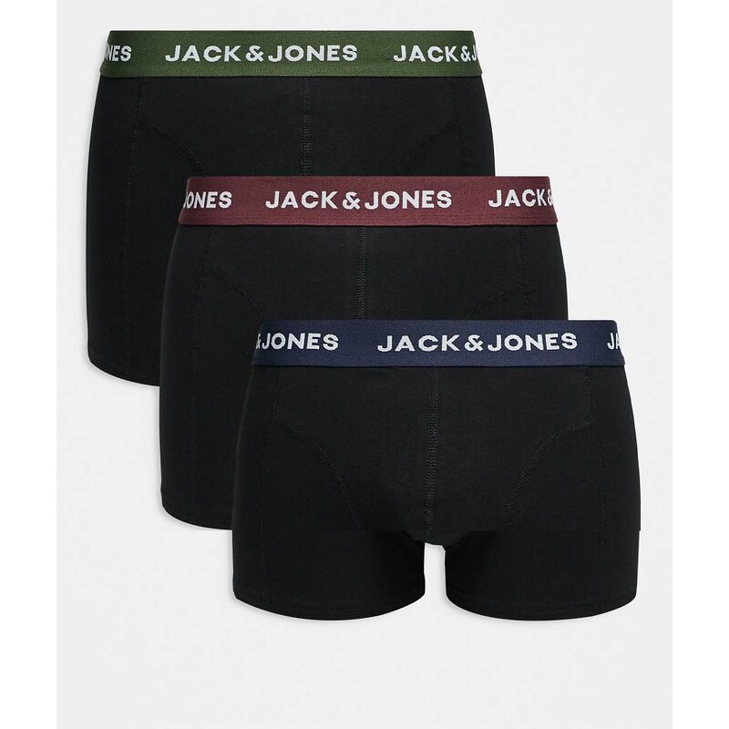 Jack & Jones 3 pack trunk with coloured waistband in black