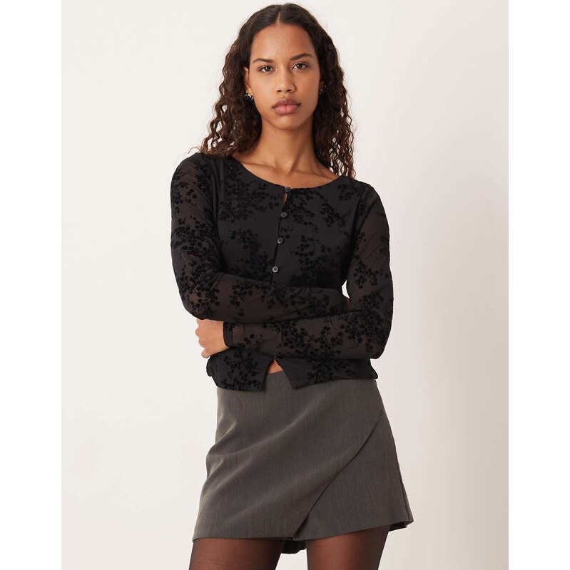 JJXX sheer button down top with velvet details in black 110442814