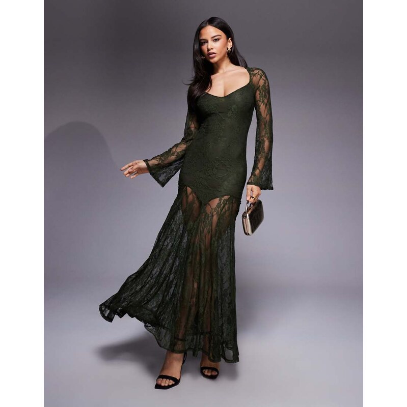 ASOS DESIGN lace long sleeve dropped waist maxi dress in green