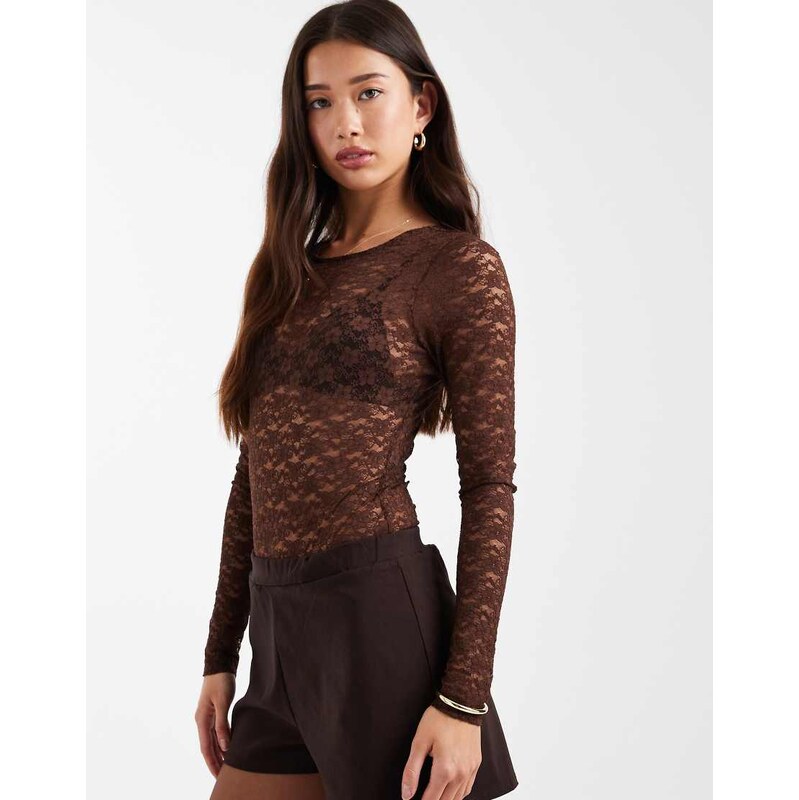 ASOS DESIGN lace sheer long sleeve bodysuit in chocolate-Brown