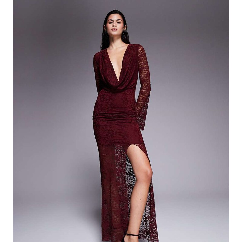 Kaiia exclusive lace cowl neck flare sleeve thigh split maxi dress in 110442812