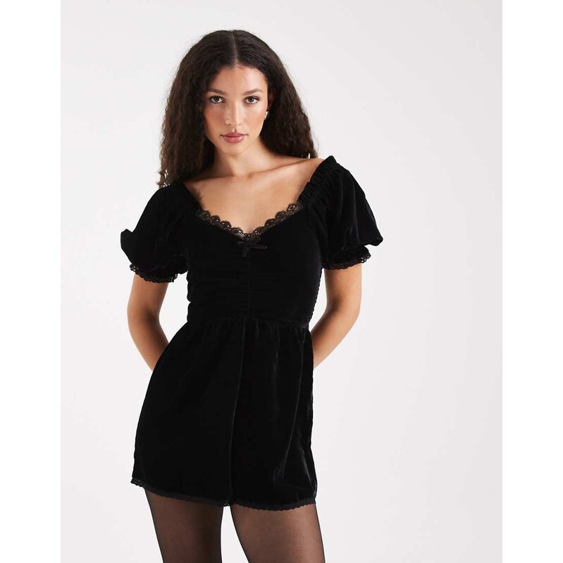 Miss Selfridge velvet puff sleeve playsuit in black 110460274