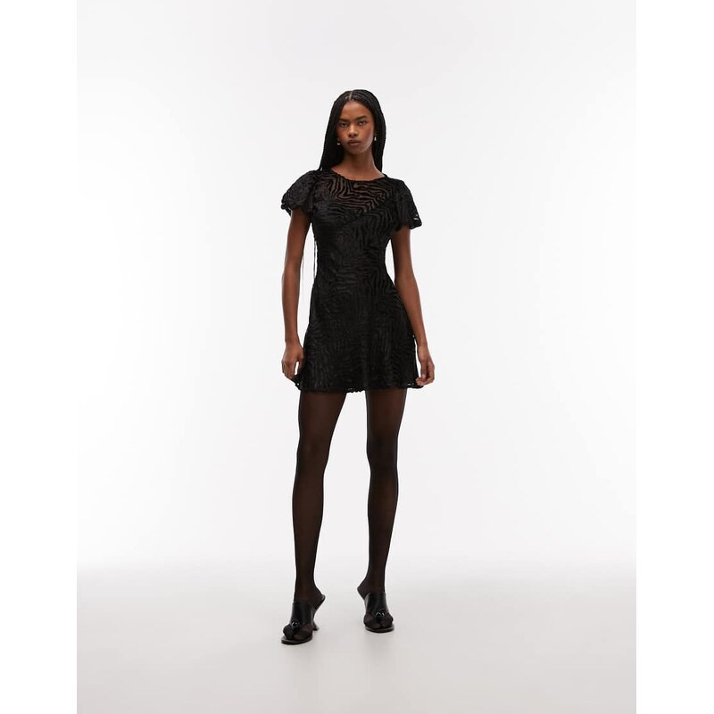 ASOS DESIGN velvet animal burnout puff sleeve mini dress in black