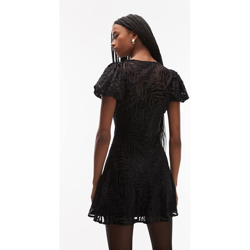 ASOS DESIGN velvet animal burnout puff sleeve mini dress in black
