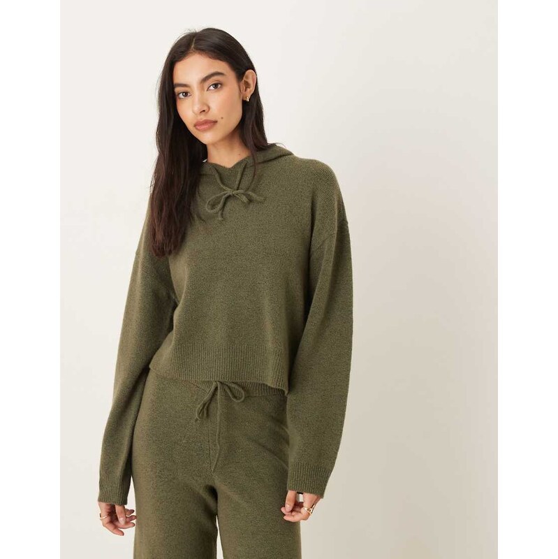 JDY slouchy knitted hoodie co-ord in khaki-Green