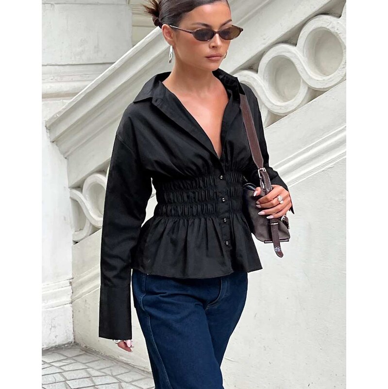 Princess Polly As You Are shirred waist button up shirt in black 115540701