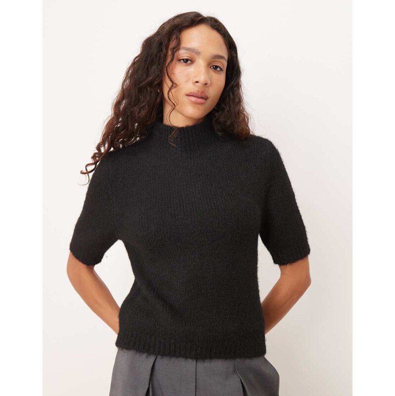 Pretty Lavish fluffy knit high neck short sleeve jumper in black
