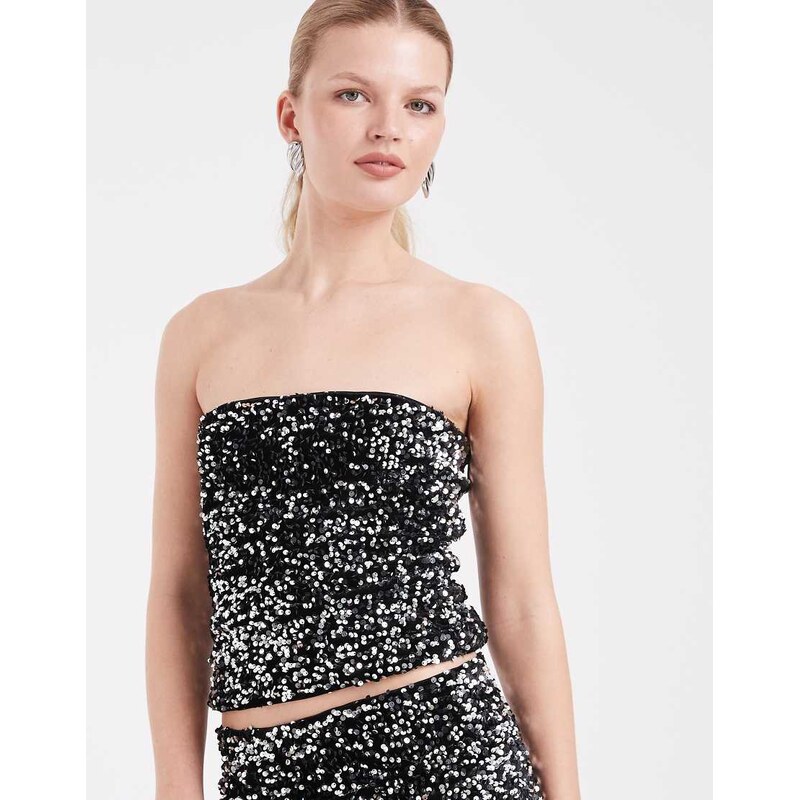 Vero Moda textured sequin bandeau top co-ord in black and silver 110460345