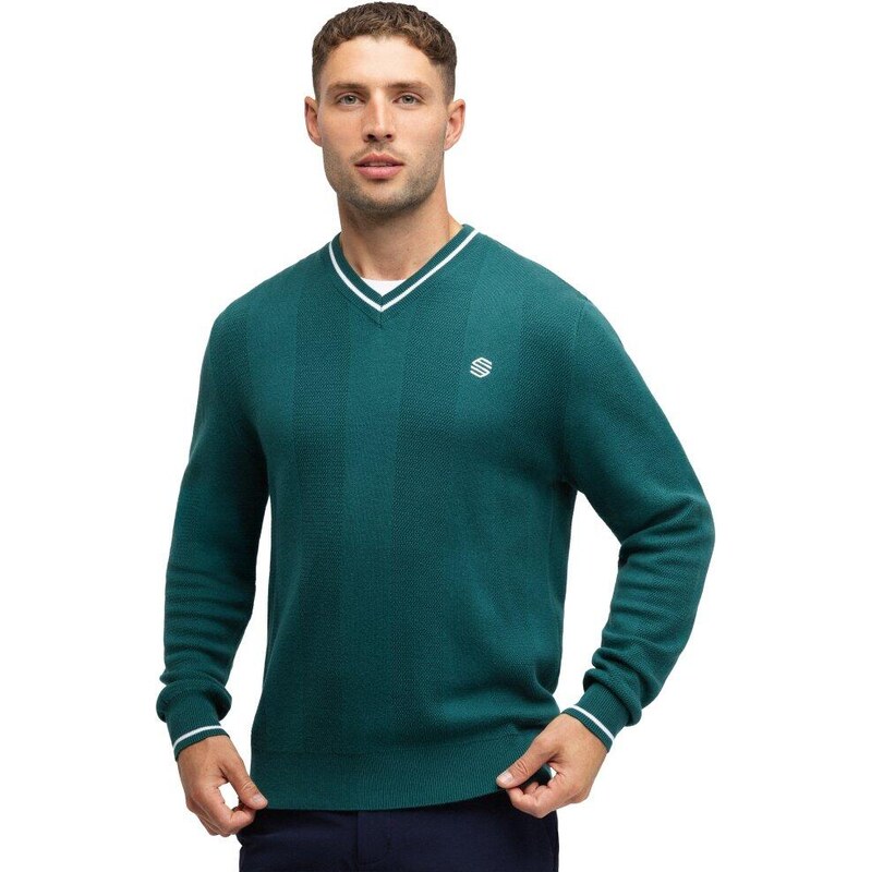 SIROKO Pánský pletený ový svetr s výstřihem do v Hagen Teal 110465220