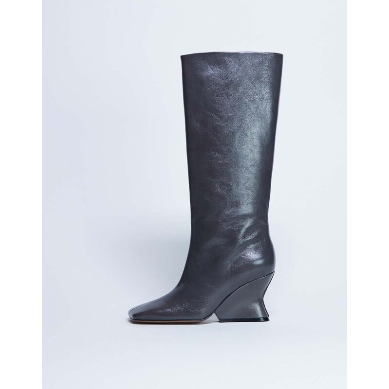 Topshop Selma Premium leather knee high wedge boot in grey 115514971