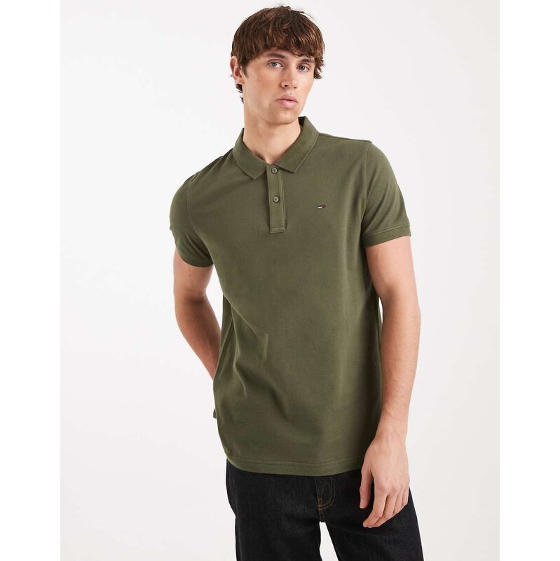 Tommy Jeans slim placket short sleeve polo shirt in dark green