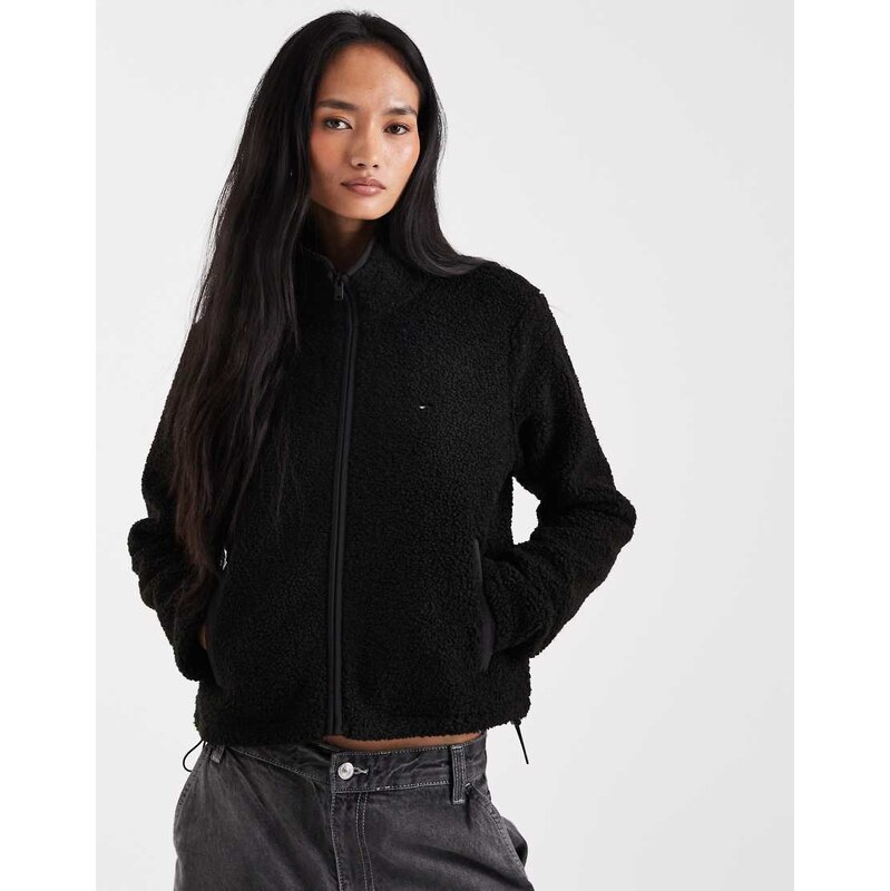 Tommy Jeans flag logo teddy zip up coat in black 110466227