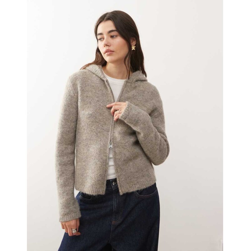 Weekday knitted zip through cardigan with hood in beige melange-Blonde 110466264