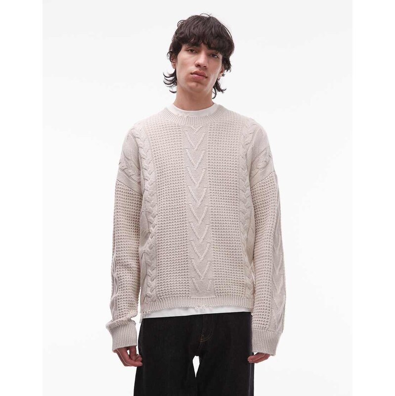 Allsaints tenter crew neck cable knit jumper in cream-White 110466269