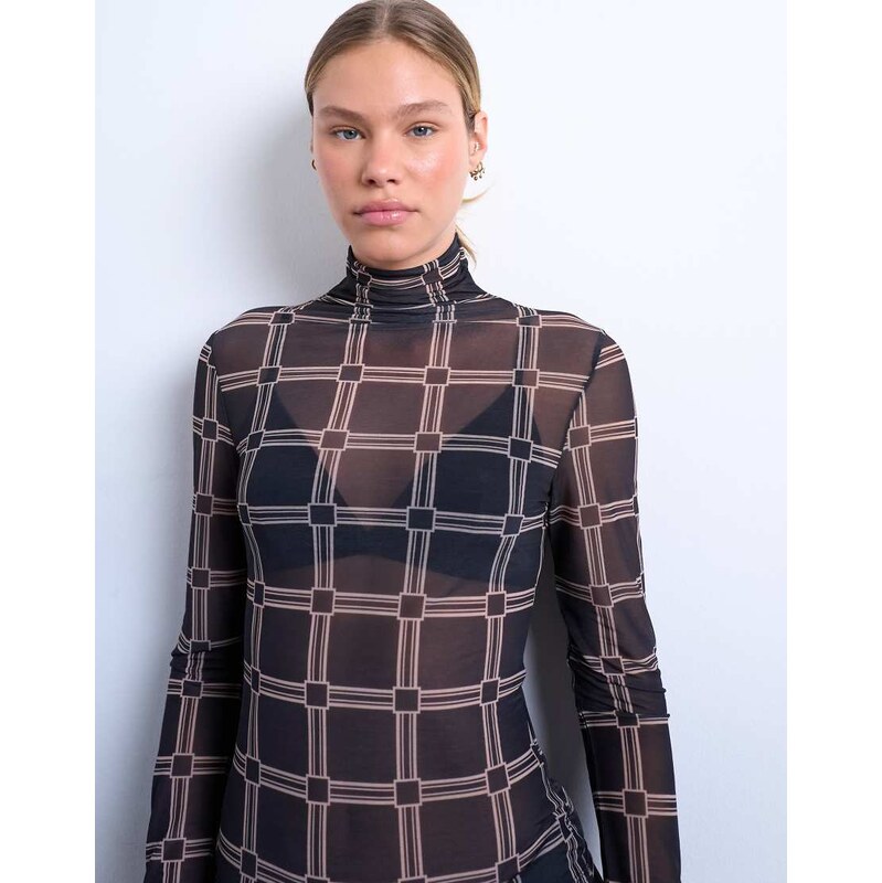Topshop mesh high neck check print long sleeve top in black