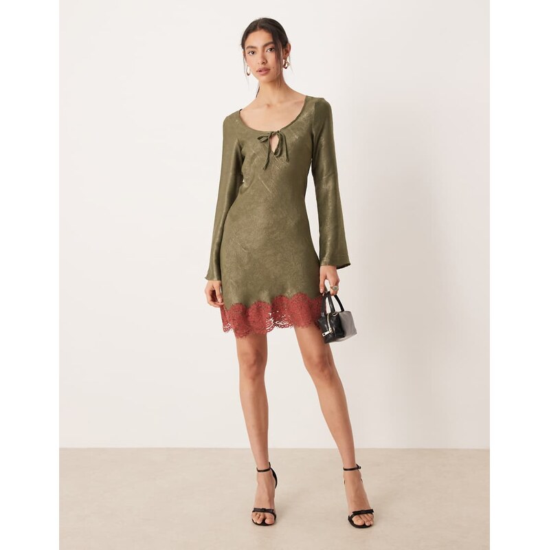 ASOS DESIGN satin long sleeve scoop neck swing dress in olive