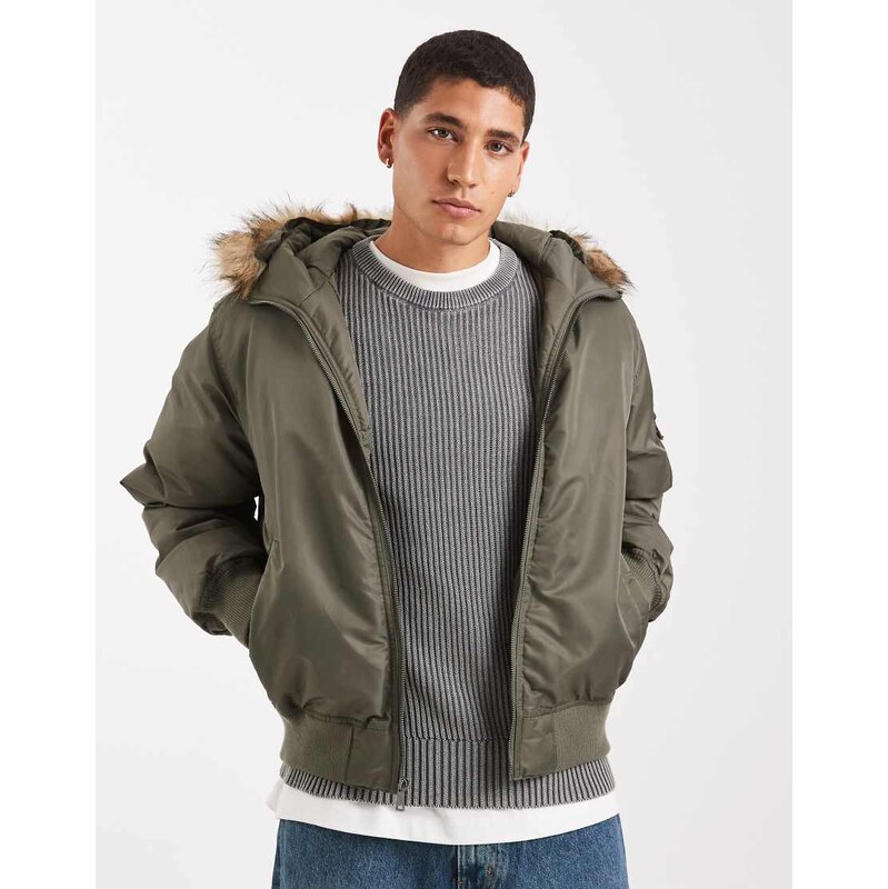 Hollister heavyweight military hooded fur jacket in green