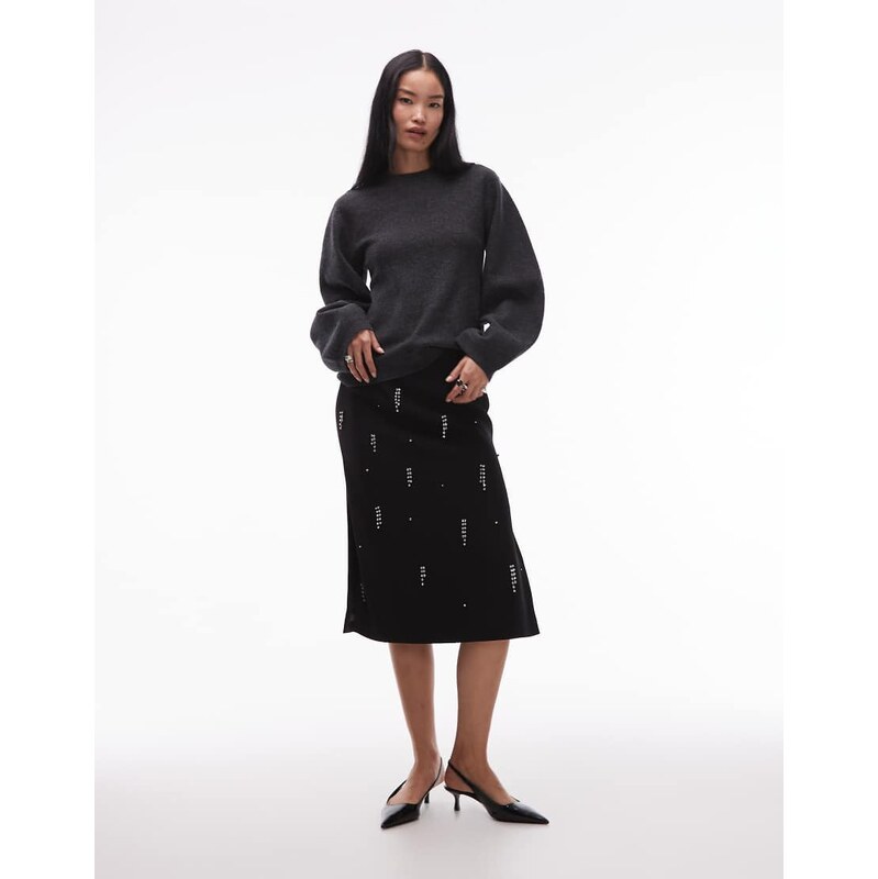 ARKET crystal fringe midi skirt in black 110500537