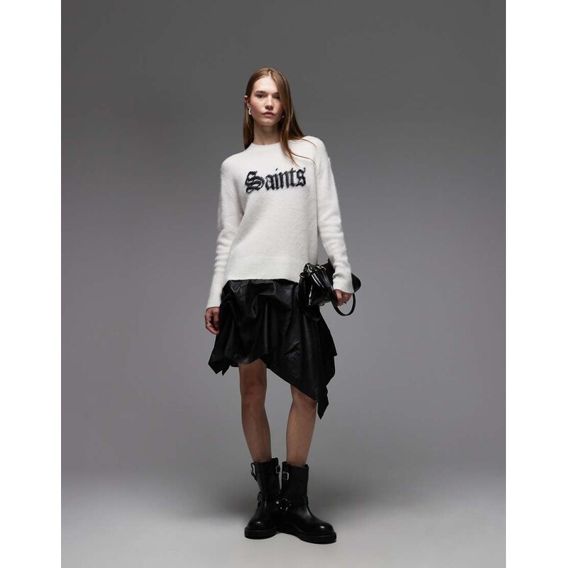 Allsaints Saint crew neck jumper in white-Black