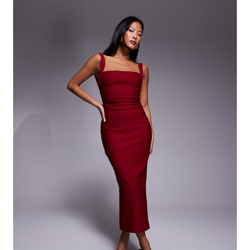 Vesper Petite bengaline square neck scoop back midaxi dress in wine 115517297