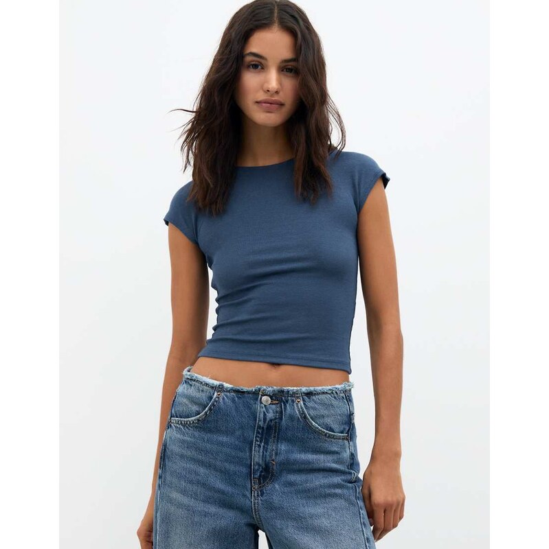 Pull&Bear Fitted t-shirt with full sleeves in navy 110466379