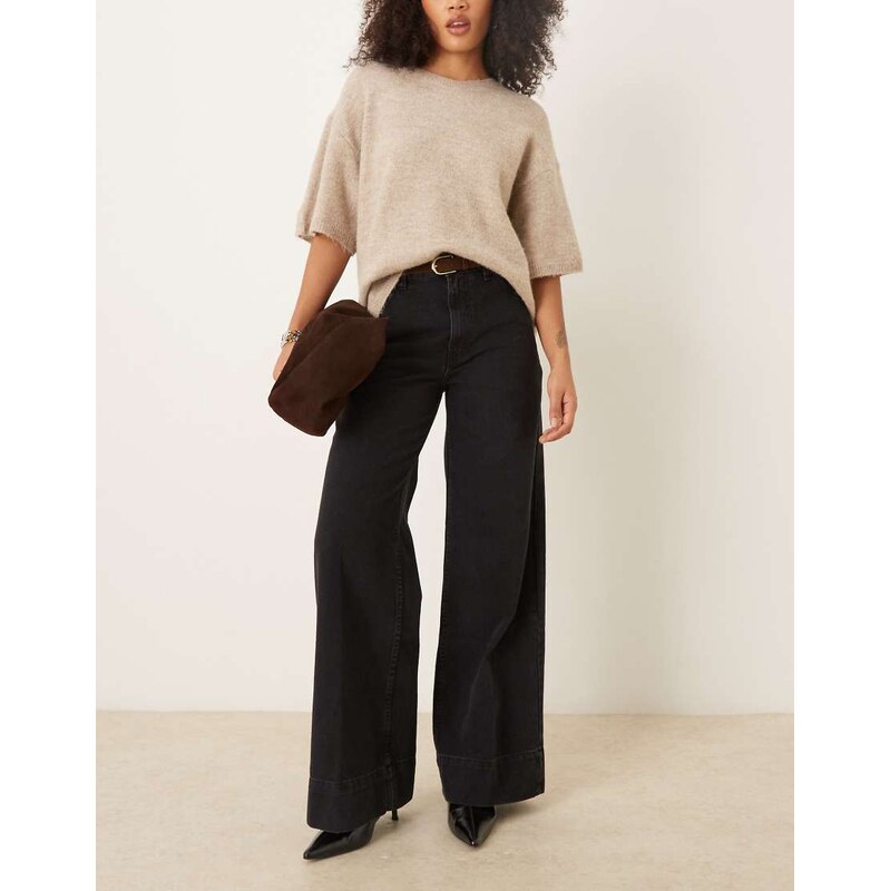 ASOS DESIGN wide leg jean with crease front and belt in black