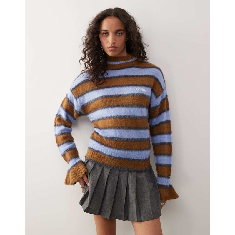 Kickers stripe fuffy knit jumper in brown blue stripe 112881223