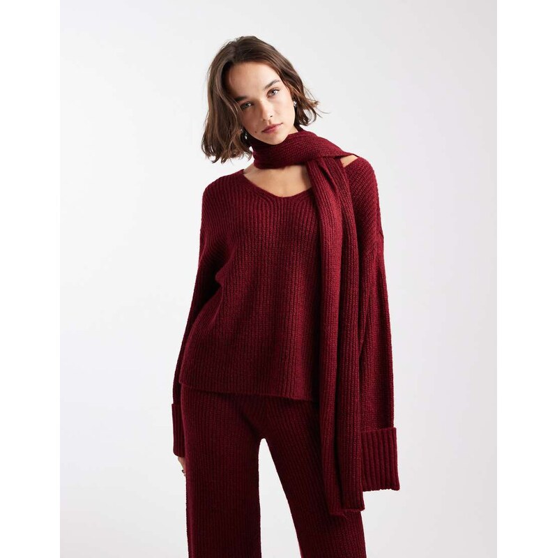 4th & Reckless ribbed knitted deep cuff v neck scarf detail jumper co 110468642