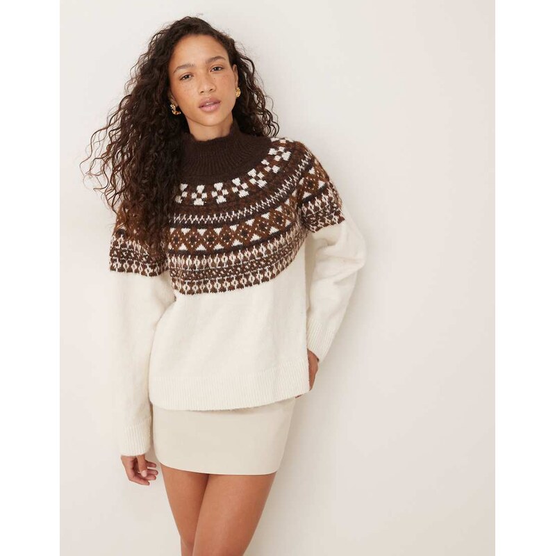 JJXX roll neck knit jumper with fairisle print in crem-White