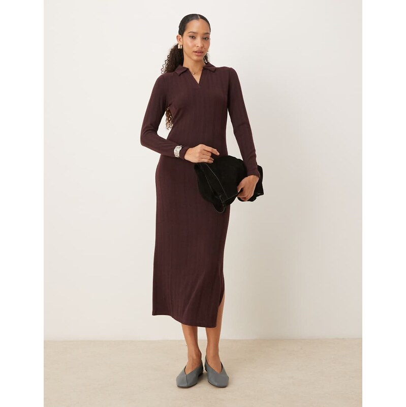 JDY knitted polo midi dress in chocolate brown