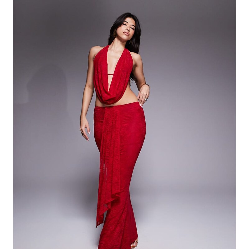 Murci exclusive lace mesh drape detail fishtail maxi skirt co