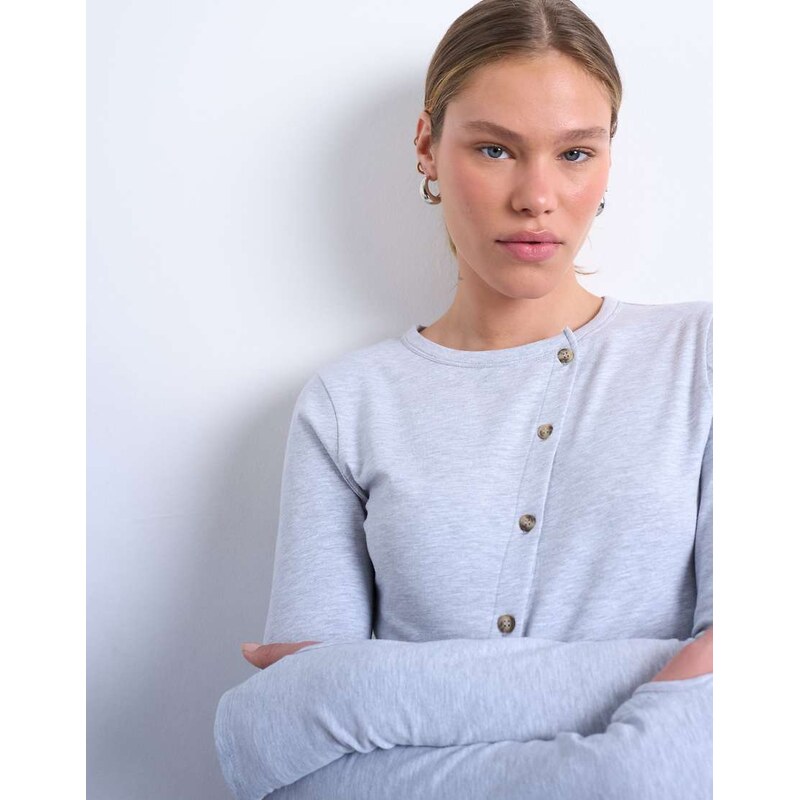 Topshop asymmetric button through long sleeve top in grey marl