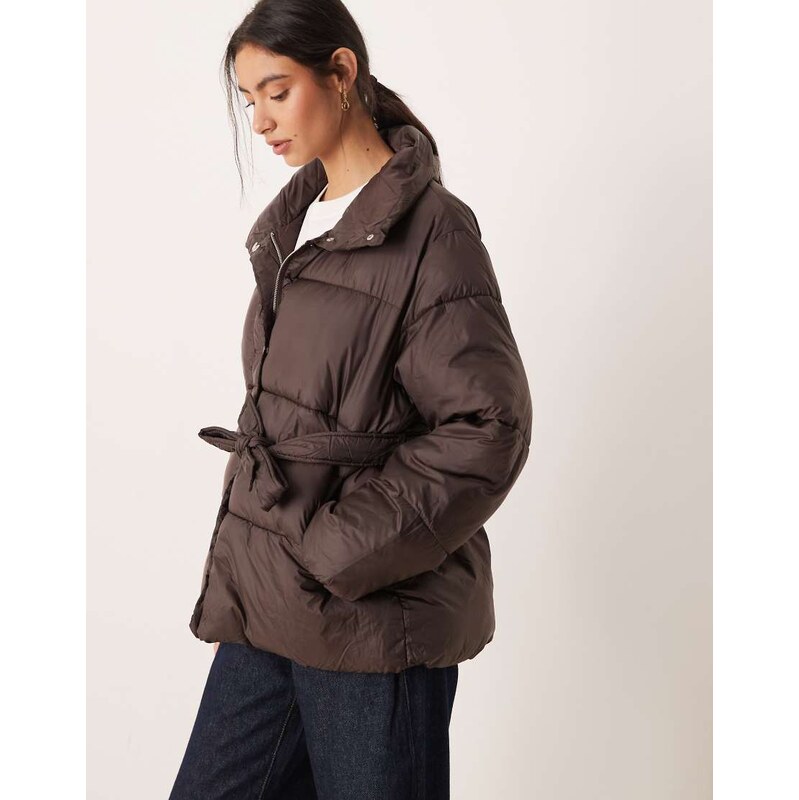 Gina Tricot belted puffer jacket in dark brown 110468731