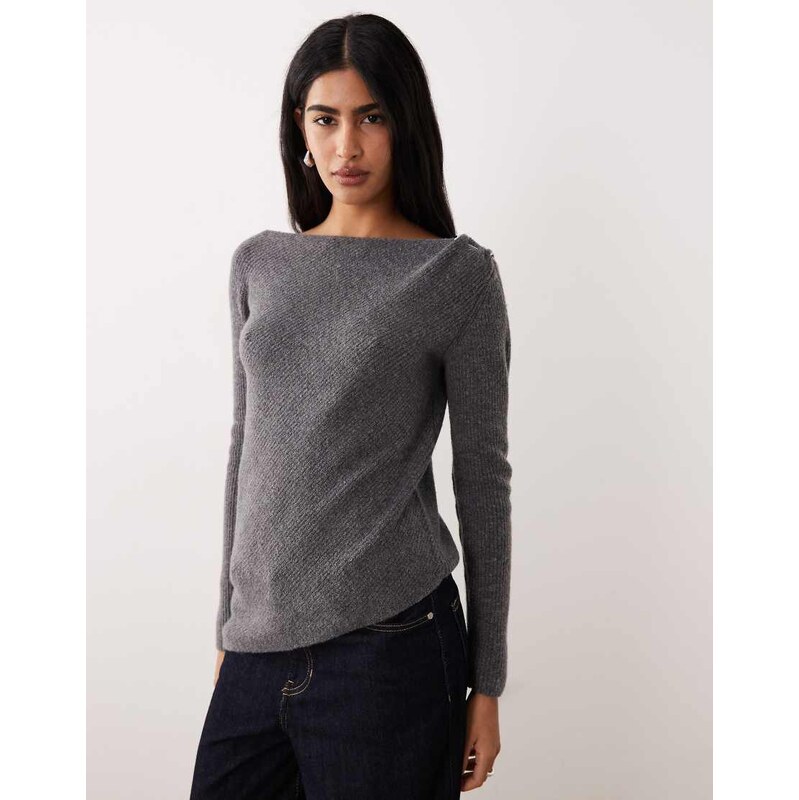 Mango wool mix boat neck asymmetric hem knitted top in grey