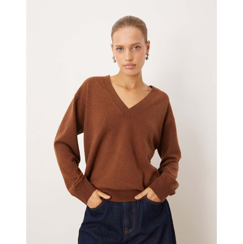 Mango v neck long sleeve knitted top in brown