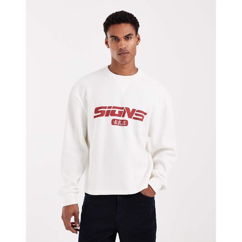 ASOS DESIGN relaxed fit waffle sweatshirt with print in off
