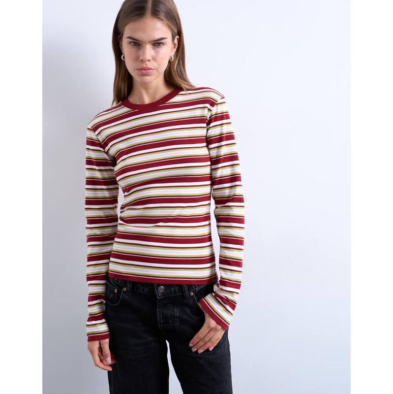 Topshop stripe long sleeve everyday tee in burgundy-Red