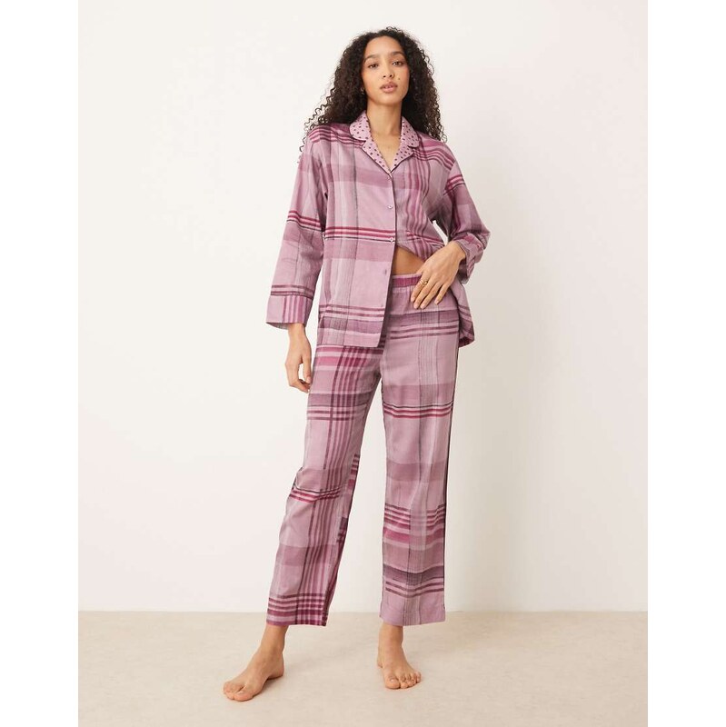Mango 100% cotton checked pyjama trouser co-ord in pink 110468862