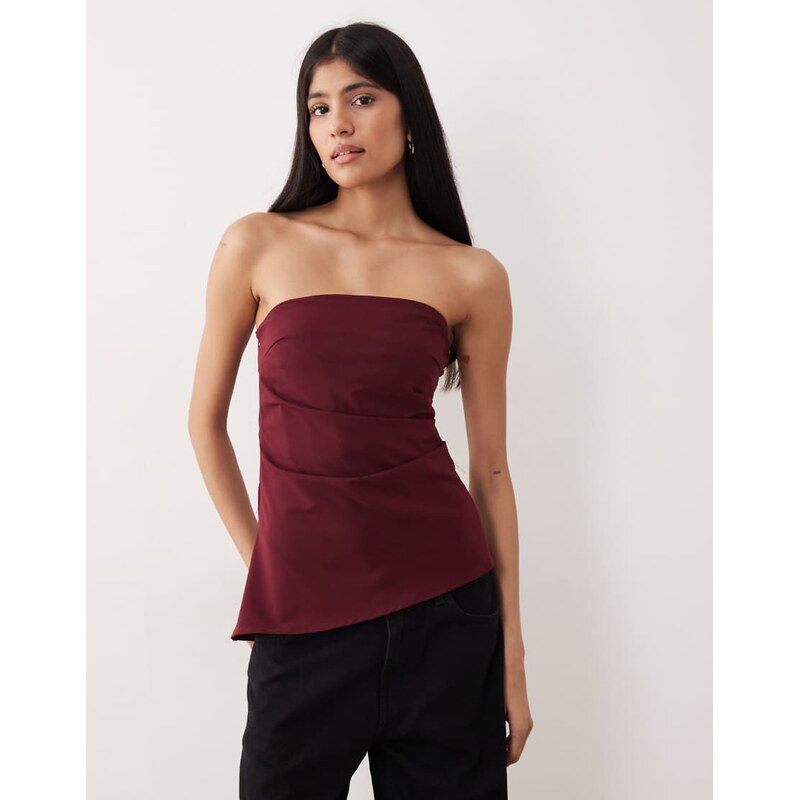 JDY ruched detail bandeau corset top in burgundy-Red 110611249