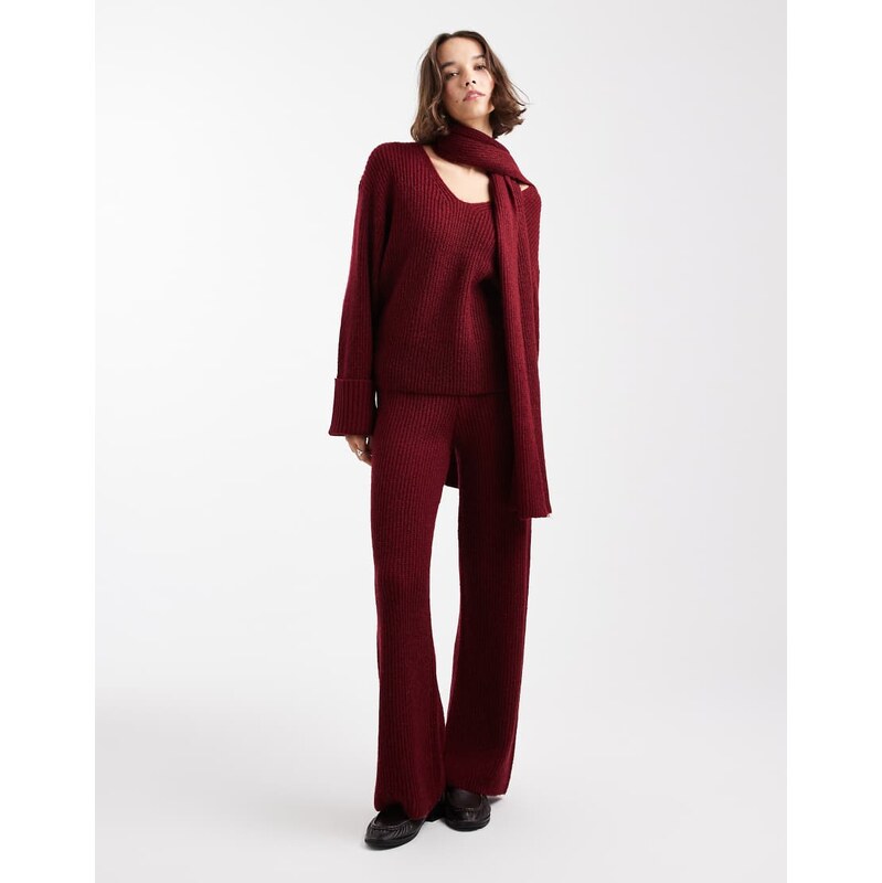 4th & Reckless ribbed knitted wide leg trousers co-ord in burgundy-Red 110476842