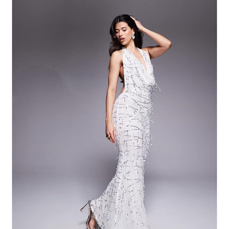 Murci exclusive halterneck plunge cowl neck open back fishtail maxi 114903522