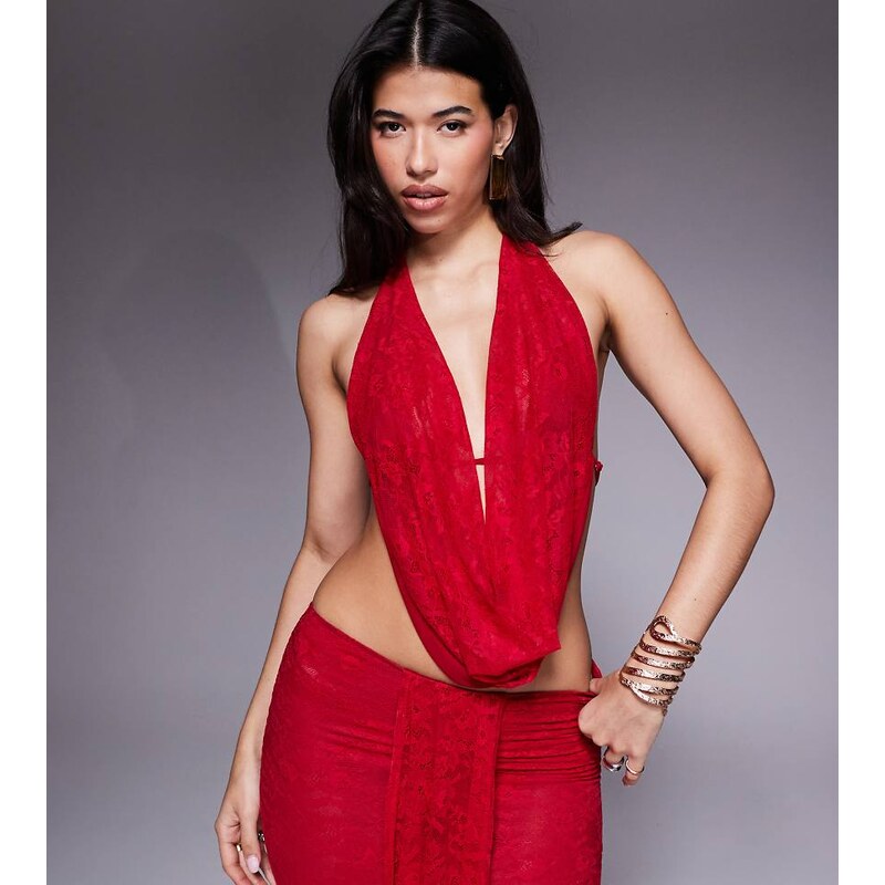 Murci exclusive mesh cowl neck open back top co-ord in red 109693168