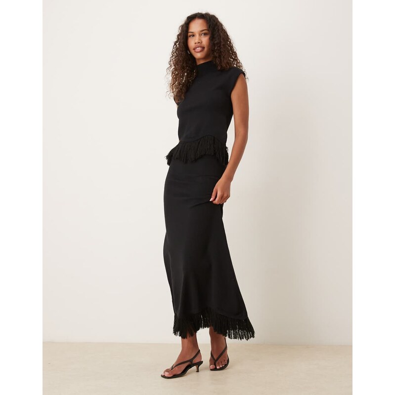 Pretty Lavish knitted fringe hem maxi skirt co-ord in black 110670815