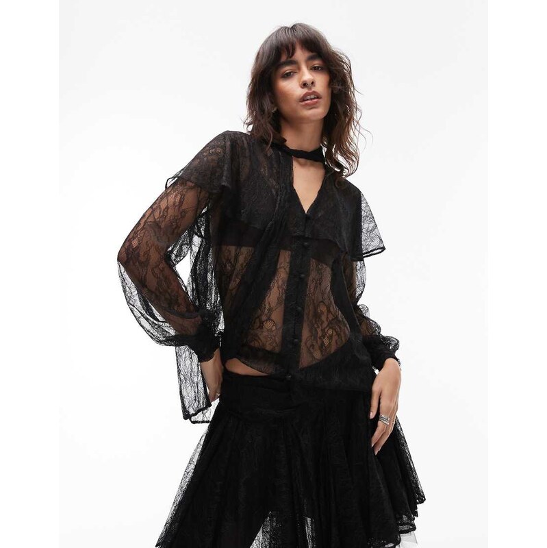 Allsaints athena lace boho shirt in black