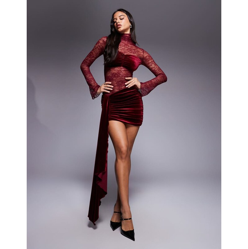 Wanderdoll Sasha lace high neck velvet drape detail mini dress