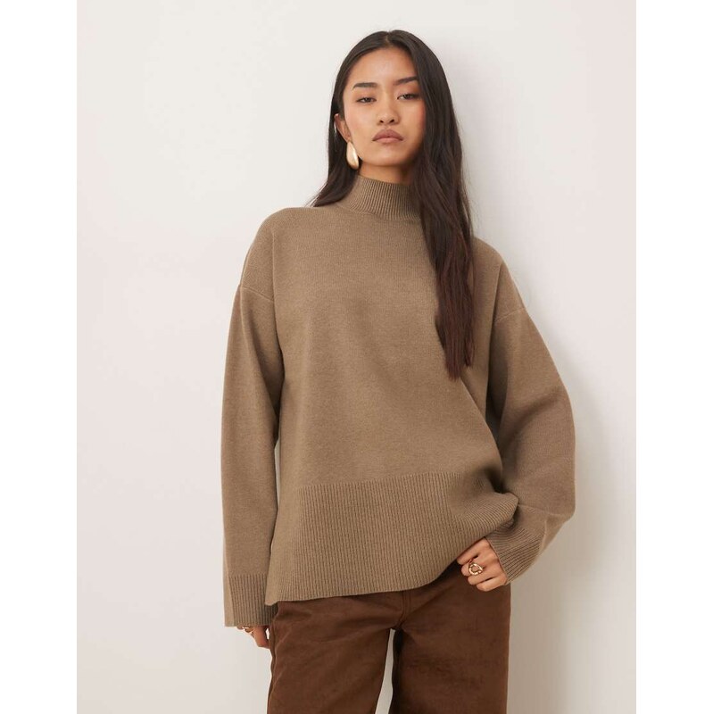 Pretty Lavish ribbed knit high neck jumper in taupe-Brown