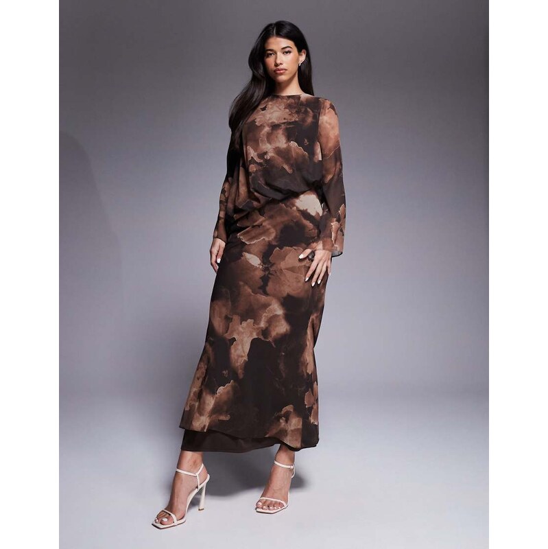 Daska chiffon asymmetric blouson top maxi dress in brown floral